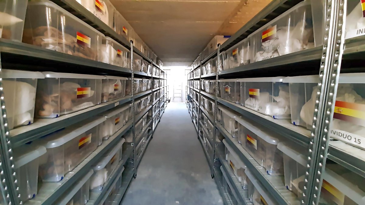 Las cajas con los restos de represaliados, depositadas en estanterías en el memorial del cementerio de El Carmen