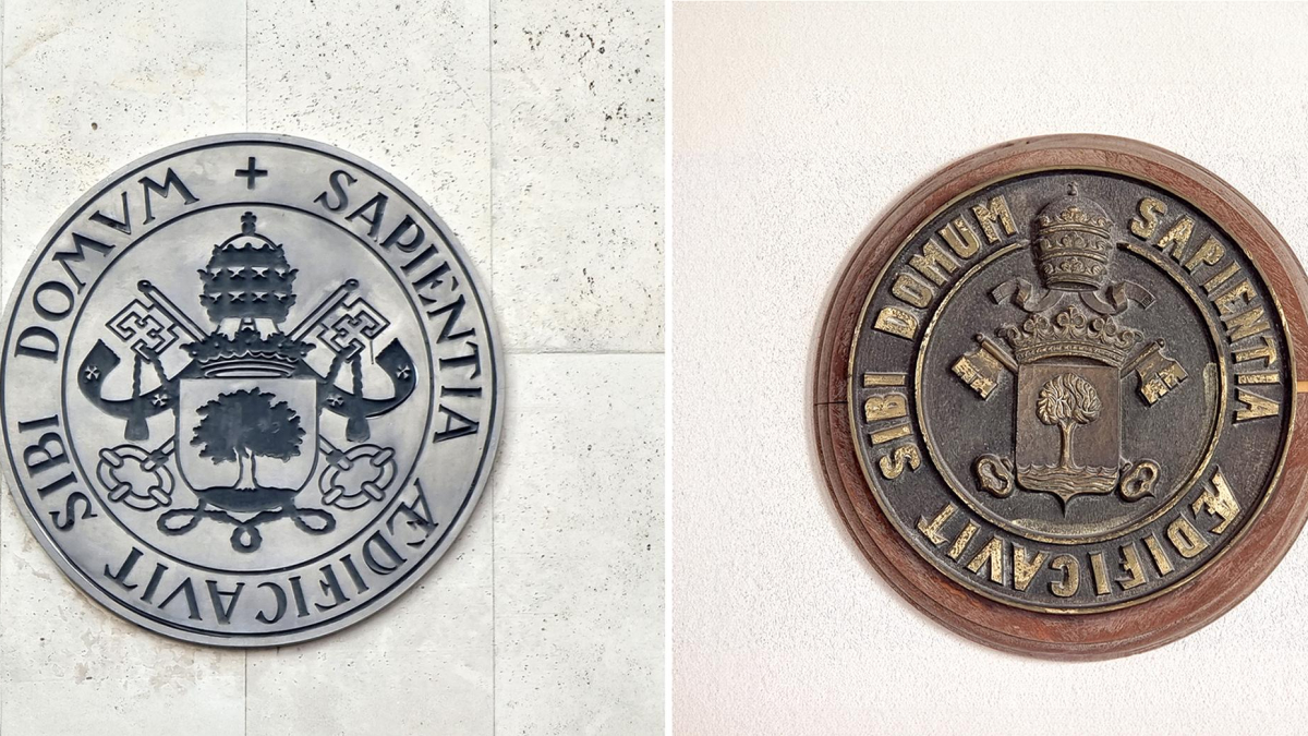 El Rectorado incluye una ‘U’ inexistente como fonema en latín en el lema de la Universidad de Valladolid que aparece en una placa a la entrada del despacho del Antonio Largo Cabrerizo en el Palacio de Santa Cruz