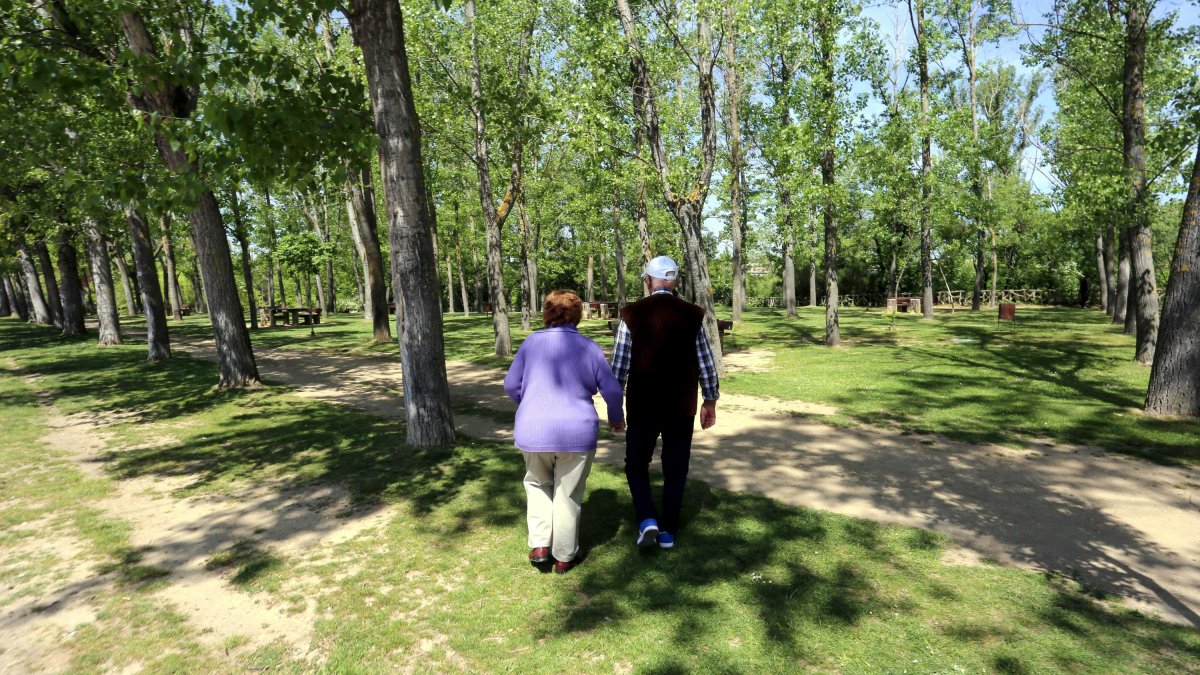 Una pareja de personas mayores pasea por el parque de la Ribera en una imagen de archivo