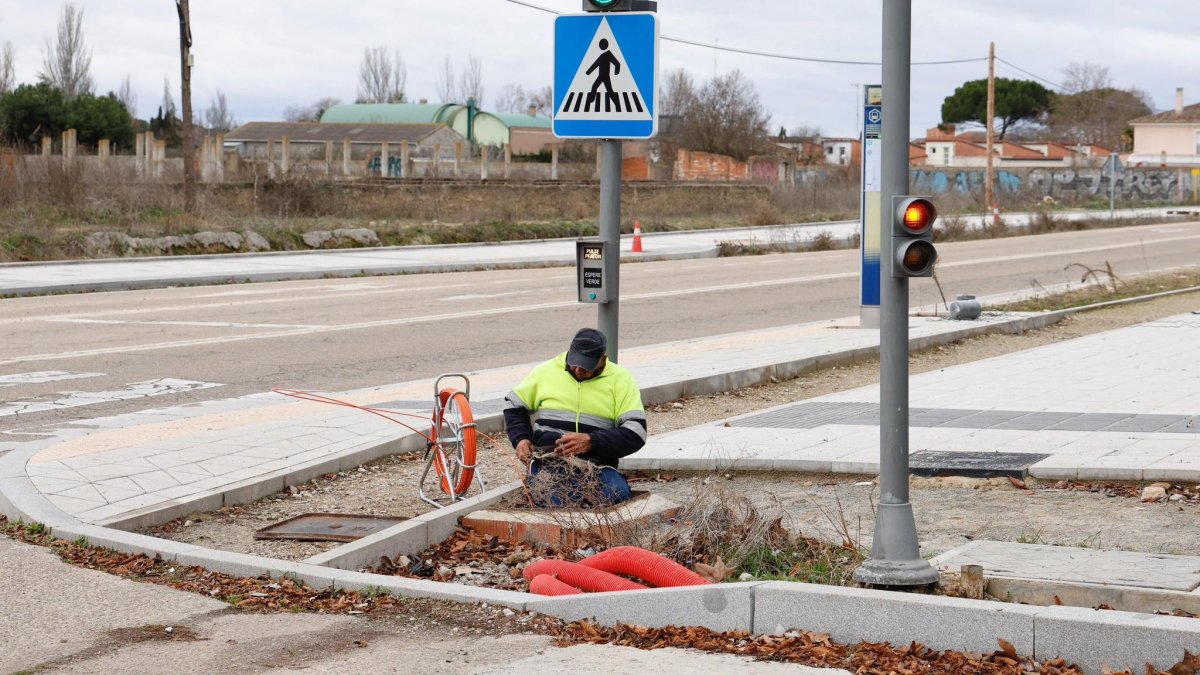 Un trabajador de Toyrsa realiza comprobaciones en el carril bici del camino viejo de Simancas.