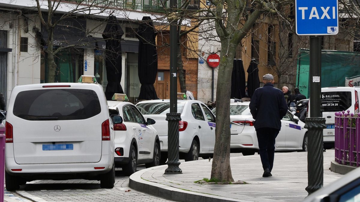 Varios taxis en la parada de la plaza de Poniente en Valladolid.