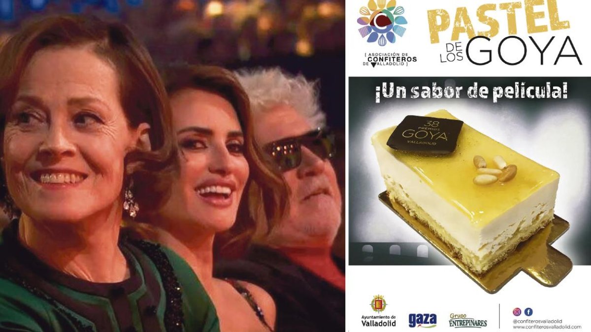 Imagen de archivo de Sigourney Weaver, Penélope Cruz y Pedro Almodóvar en los Premios Goya 2024, junto a una imagen del Pastel de los Goya.
