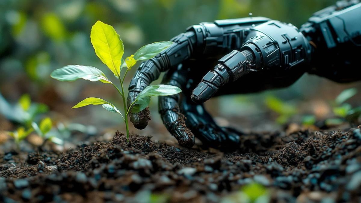 Una mano robótica se acerca a un brote de un cultivo en una simulación generada con Inteligencia Artificial.