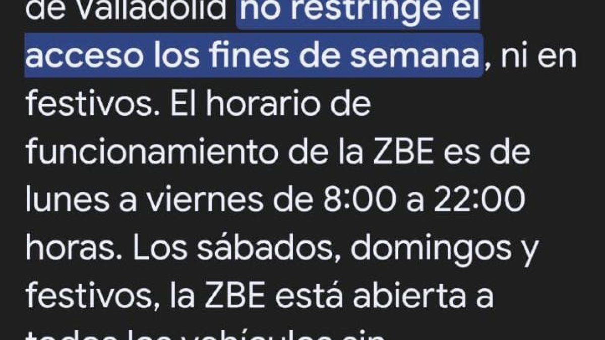Respuesta de la IA de Google a los días y horarios de aplicación de la ZBE en Valladolid.