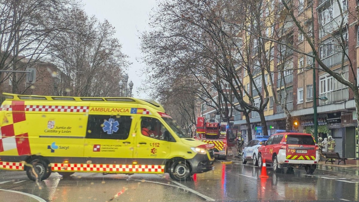Ambulancia y bomberos en el paseo de Zorrilla, a la altura del número 91.