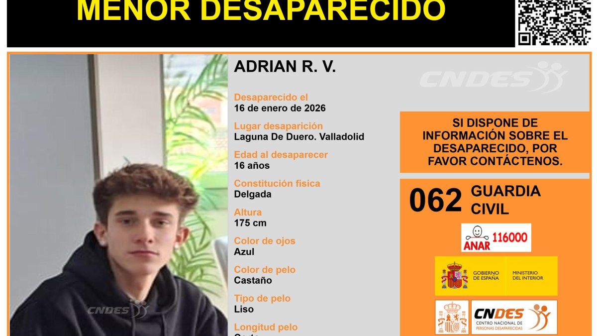 Adrián R.V., joven desaparecido en Laguna de Duero (Valladolid)