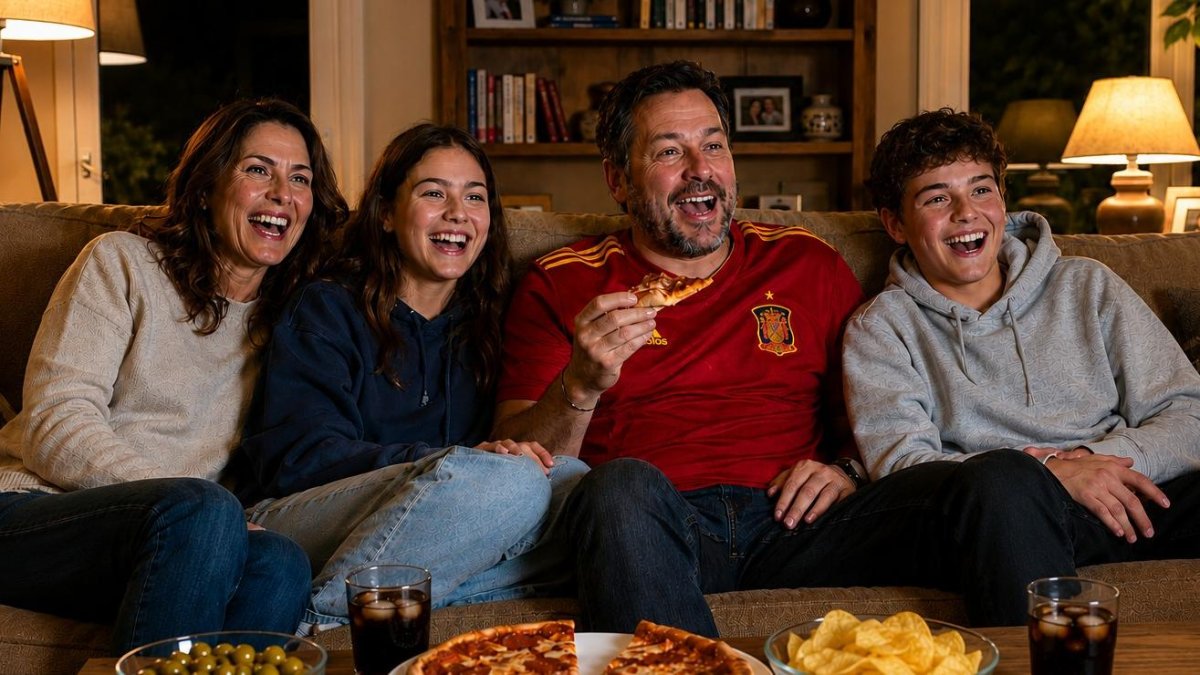 Una imagen de una familia viendo un partido de España