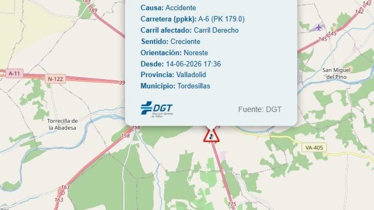 Información de tráfico afectado en la A-6 a consecuencia del accidente.