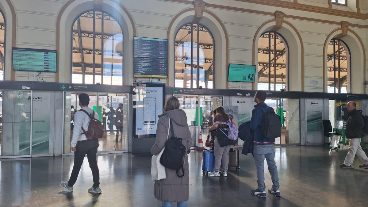 Pasajeros mirando las pantallas de la Estación de Trenes de Valladolid.