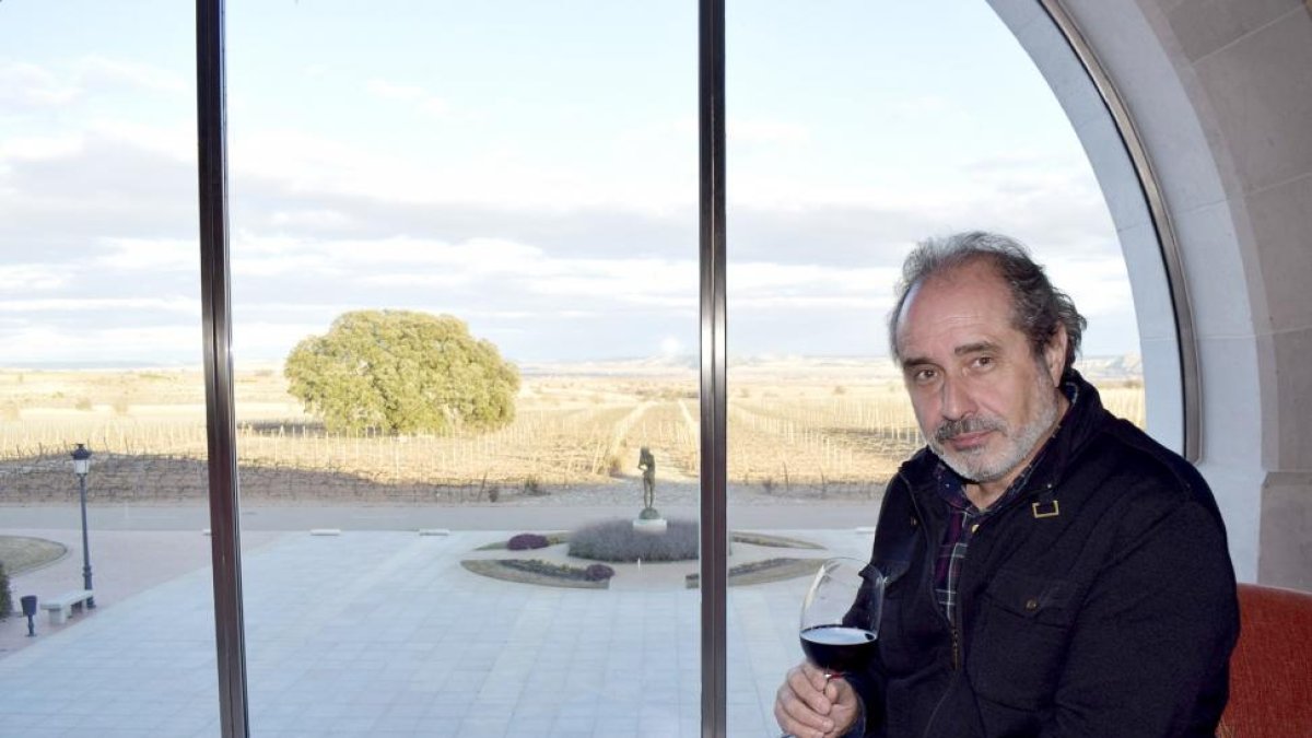 Tomás Jurío, en la zona social de la bodega, desde cuya cristalera se contempla la escultura de la diosa Vinea y la antigua encina, en mitad del viñedo.-ARGICOMUNICACIÓN