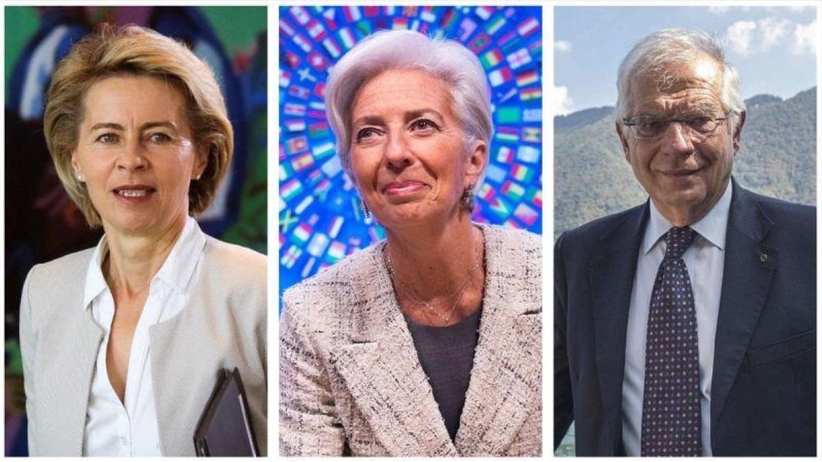 De izquierda a derecha, Ursula von der Leyen, nueva presidenta de la Comisión Europea, Christine Lagarde, presidenta del BCE, y Josep Borrell, jefe de la diplomacia europea.-