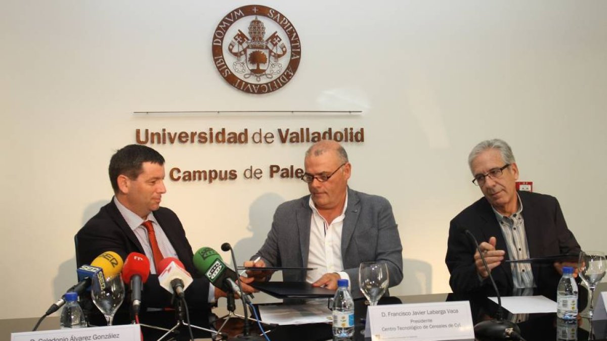 (IaD) El director general del Parque Científico de la UVa, Celedonio Álvarez, el presidente del CETECE, Francisco Javier Labarga y el director del Centro Tecnológico Agrario, Fernando González .-ICAL