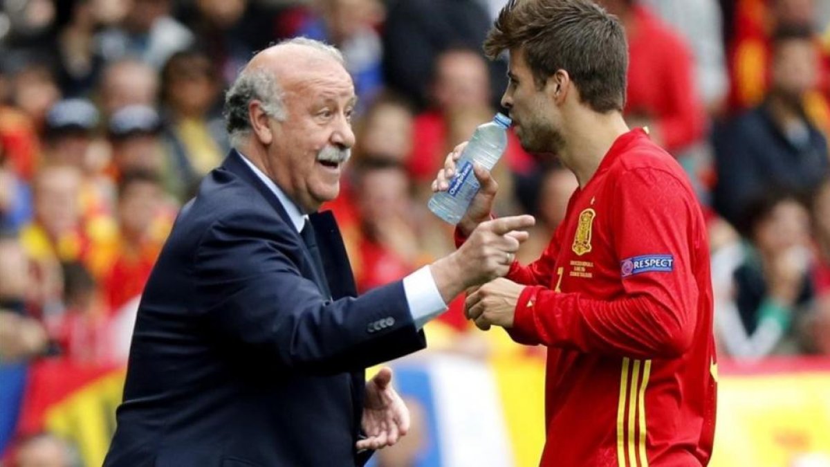 Piqué recibe instrucciones de Del Bosque durante el partido ante la República Checa.-EFE / KAI FORSTERLING