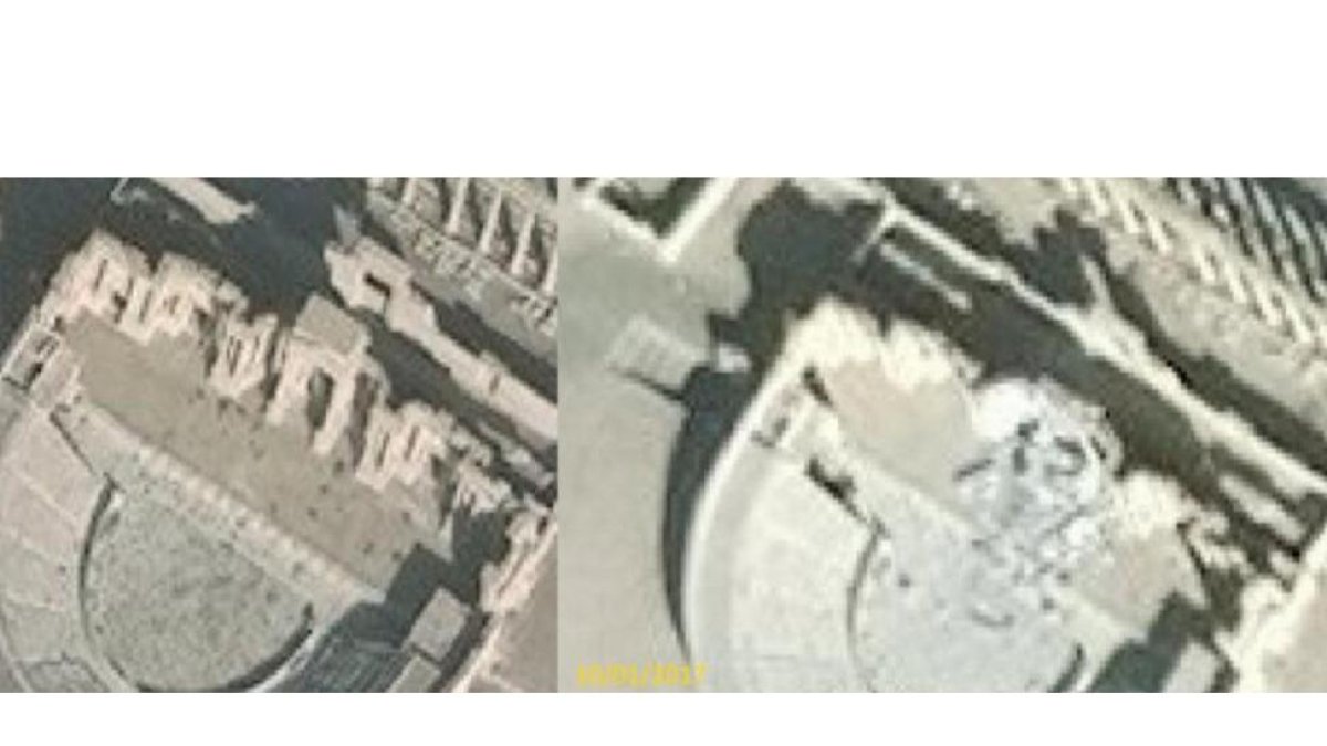 El teatro romano de Palmira, antes y después de los destrozos del Estado Islámico.-EL PERIÓDICO