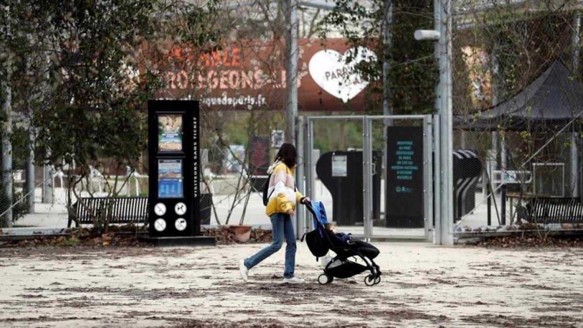Una mujer camina junto a una puerta cerrada del zoo de Vincennes, en París, el 26 de enero.-/ EFE / YOAN VALAT