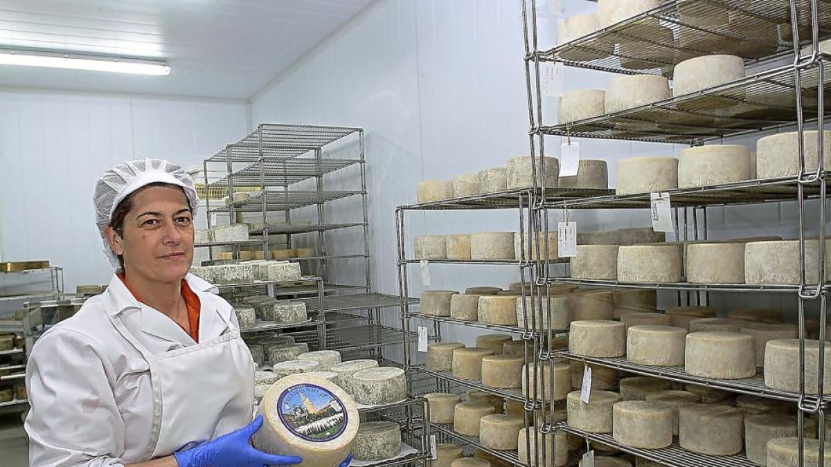 Eva María Marcos muestra, en la cámara de curación, uno de lso quesos que elabora en Fuentes de Nava (Palencia).-BRÁGIMO