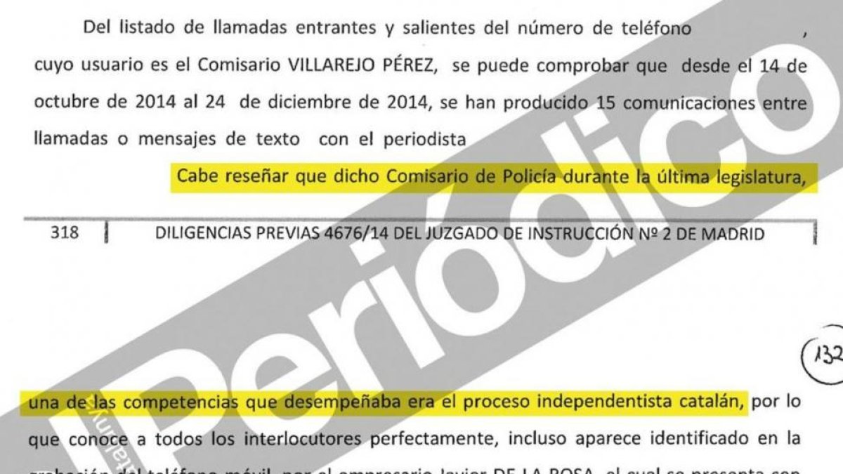 En las diligencias judiciales incluidas en el sumario de una causa derivada del ‘caso Nicolay’ -sobre una grabación a agentes del CNI-, se incluye un informe policial que sostiene que Villarejo tenía como competencia el proceso independentista catalán.-