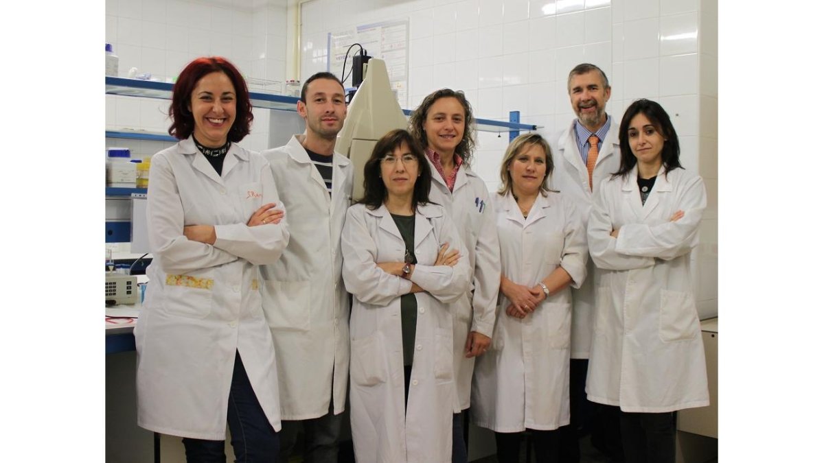 Dolores Busto, tercera por la izquierda, junto al resto del grupo de investigación de Bioquímica y Biotecnología de la Universidad de Burgos. ECB