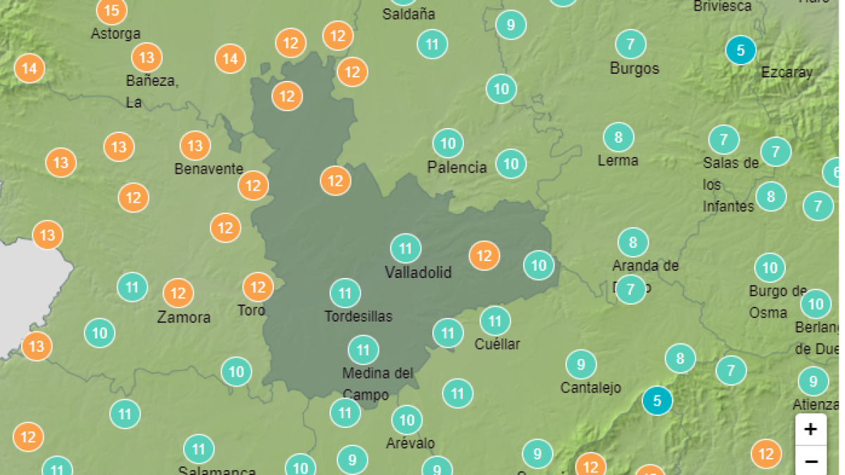 Mapa de la web de AEMET mostrando las temperaturas en la provincia de Valladolid hoy martes a las tres e la tarde. -AEMET