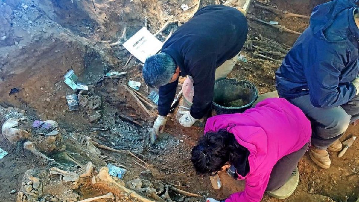 Miembros del equipo de la Asociación para la Recuperación Memoria Histórica limpian algunos restos.-E. M.
