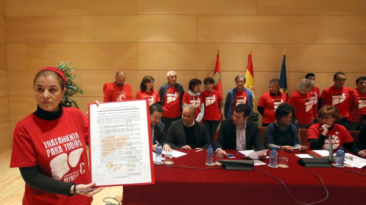 Una de las portavoces de los afectados, Esther Mate, sostiene el documento suscrito por PSOE, Podemos, Izquierda Unida, Ciudadanos y UPL en apoyo de los afectados por la Hepatitis C-Ical