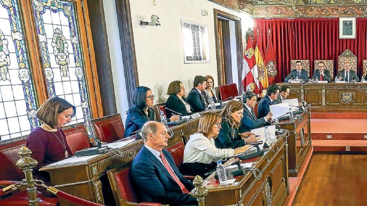 Pilar Vicente consulta el teléfono móvil en su escaño ayer, durante el Pleno de la institución provincial.-EL MUNDO