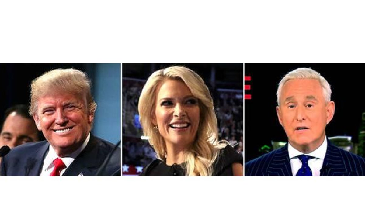 Donald Trump, Megyn Kelly y Roger Stone.-