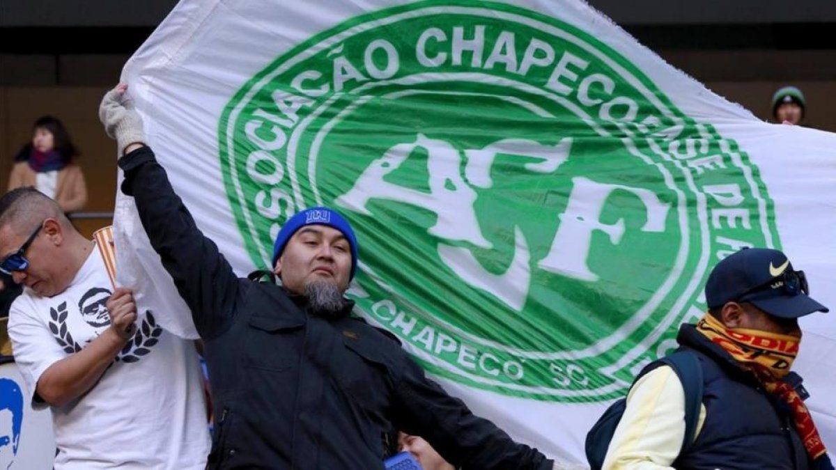 Seguidores del Club America ondean banderas del Chapecoense.-AP / EUGENE HOSHIZO