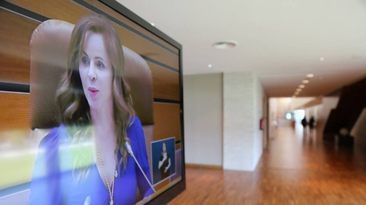 Sesión constitutiva de la IX Legislatura de las Cortes de Castilla y León. En la imagen un momento de la intervención de la presidenta de las Cortes, Silvia Clemente, en un plasma en los pasillos de las Cortes-Ical