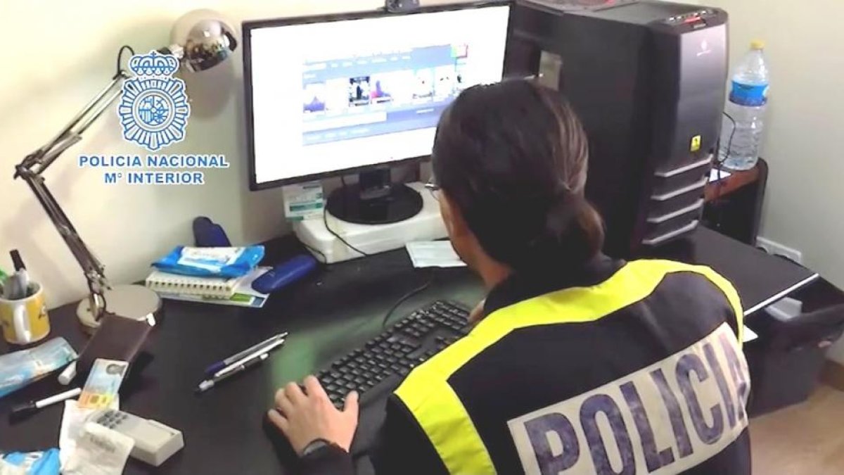 Una agente del Grupo de Investigación Tecnológica del CNPante el ordenador del detenido en su domicilio.-E. M.