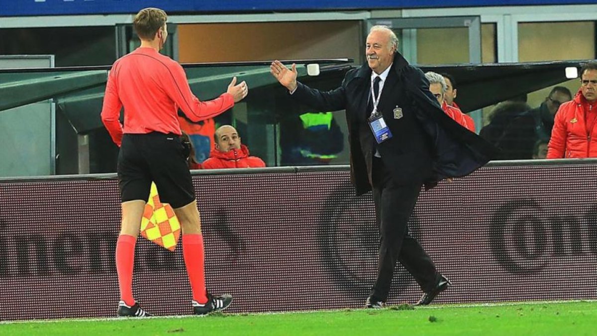 Vicente del Bosque saluda al juez de línea que le derribó durante el Italia-España del jueves pasado.-
