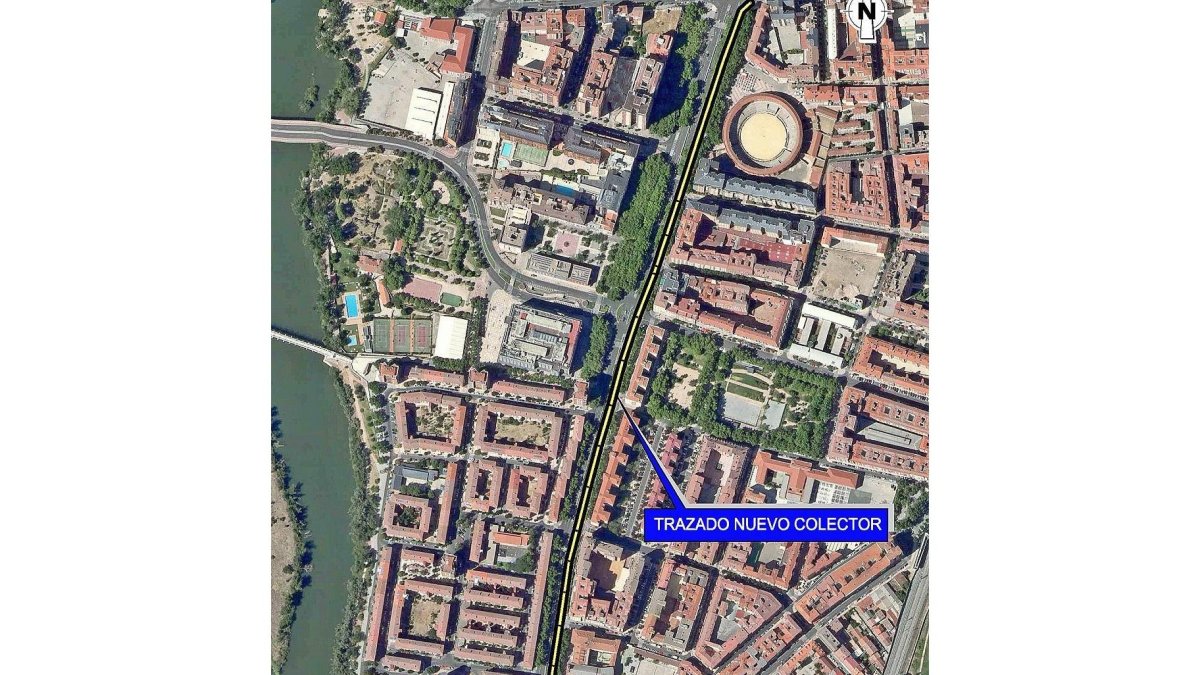 Vista áerea del colector que se sustituirá, del Matadero, a Puente Colgante.-E.M.