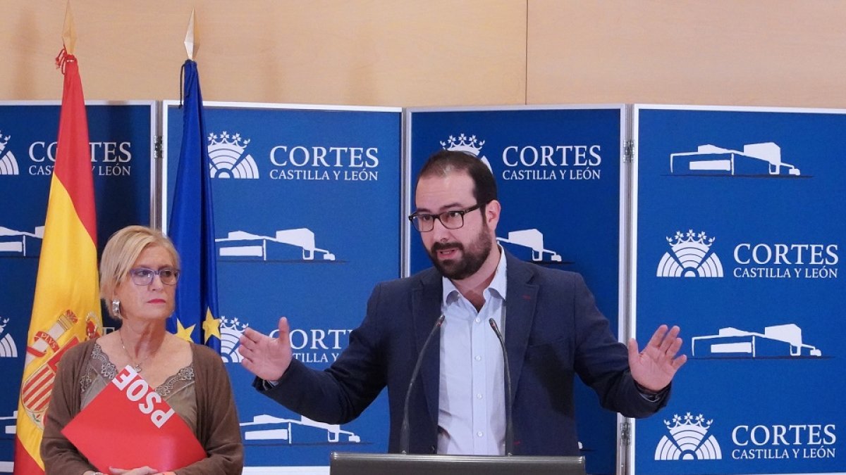 El secretario general del Grupo Socialista en las Cortes, Ángel Hernández, y la viceportavoz del Grupo Socialista en la Comisión de Familia, Isabel Gonzalo, analizan el último informe de la Asociación de Directores y Gerentes en Servicios Sociales. -ICAL