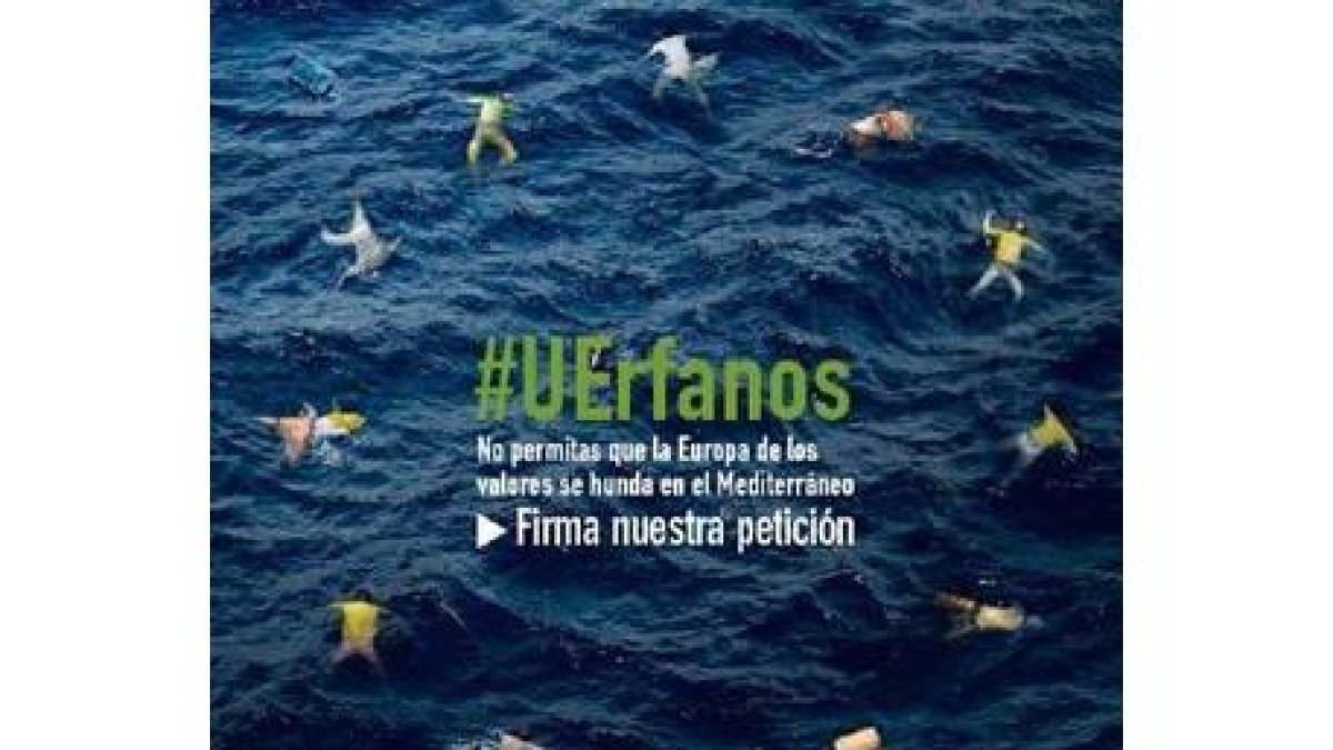 Imagen de la campaña #UErfanos en que las estrellas de la bandera de la UE son reemplazadas por inmigrantes ahogados.-