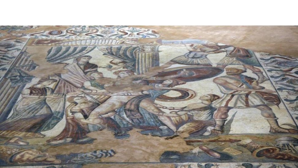 Mosaico ‘Aquiles descubierto por Ulises en Skyros’ situado en el oecus o salón principal de la villa palaciega romana.-L.P.