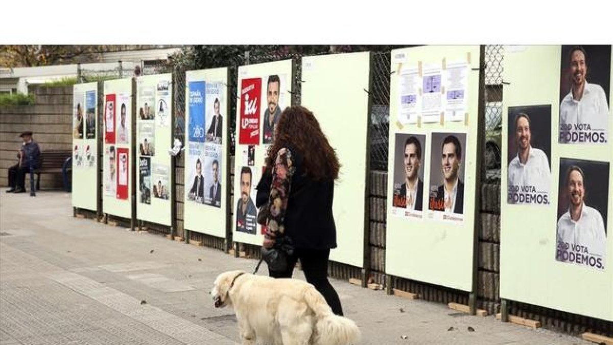 Una mujer pasea tranquilamente con su perro ante los carteles electorales, en Bilbao.-LUIS TEJIDO / EFE