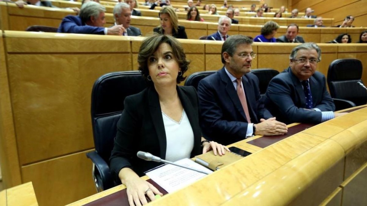 Soraya Sáenz de Santamaría, en la comisión del Senado, poco antes de defender las medidas del 155.-JUAN MANUEL PRATS