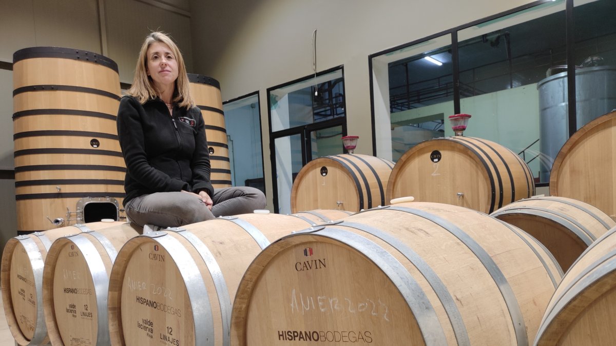 La enóloga Emma Villajo en la zona de barricas, donde se trabaja con la esencia de cada parcela para perfeccionar los nuevos vinos de 12 Linajes, un clásico de la Ribera. / A. Carrillo