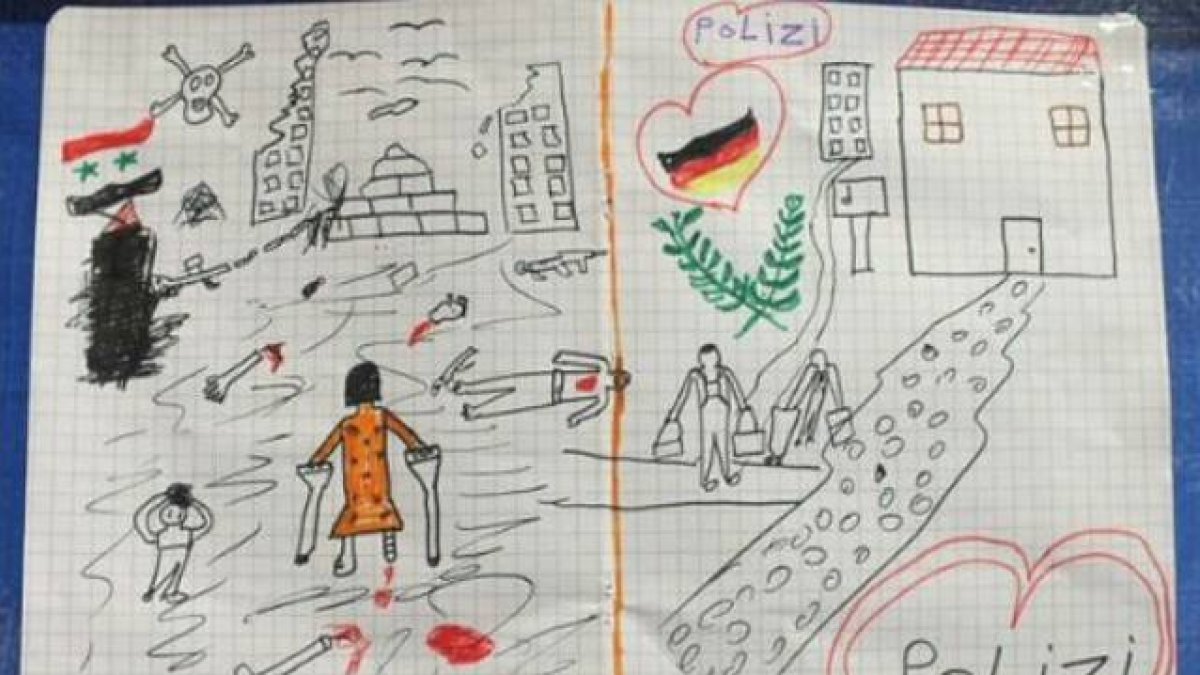 Dibujo de un niño refugiado sirio que ha enternecido a la policía de Passau (Baja-Baviera).-TWITTER / @BPOL_BY