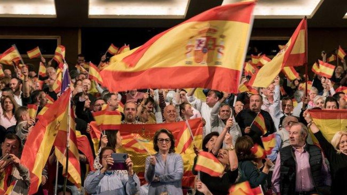 Marea de banderas españolas en el mitin de Vox en Palma de Mallorca, el pasado 20 de abril.-EFE