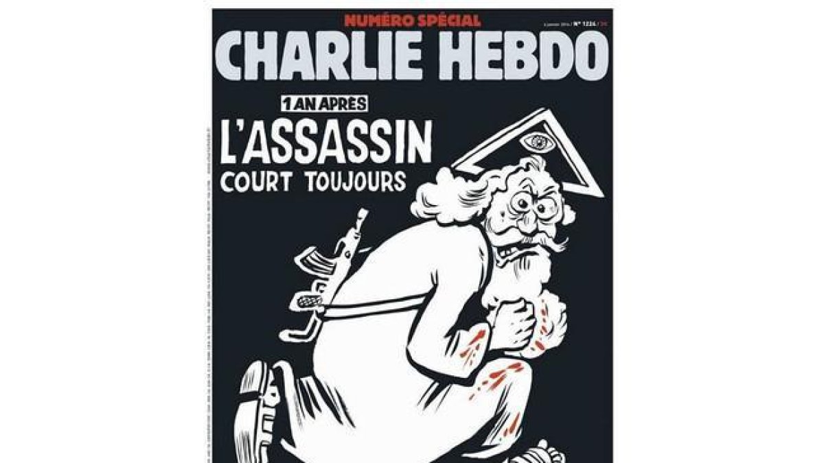 La portada del número especial de 'Charlie Hebdo', conmemorativo del primer aniversario del atentado yihadista contra el semanario satírico.-