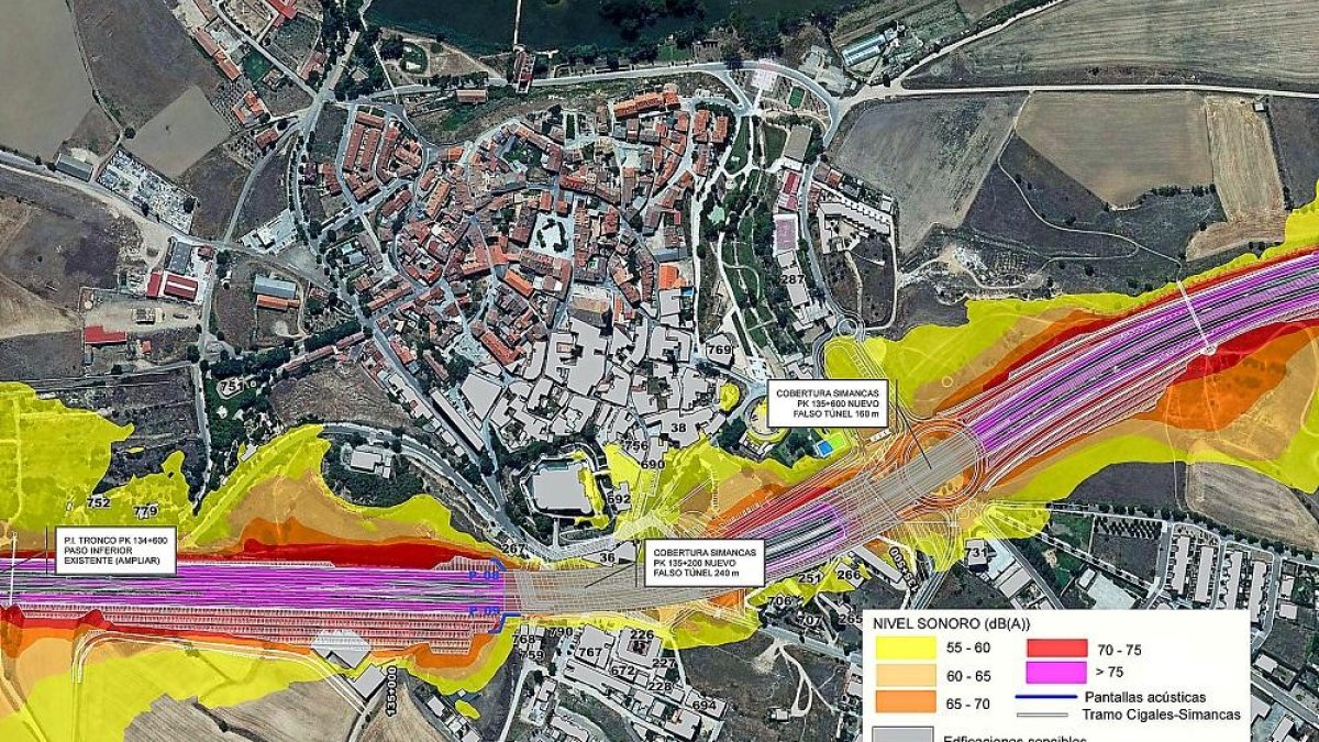 Túneles de Simancas y nuevos carriles según los planos del estudio del nivel sonoro en horas diurnas incluidos en el proyecto.-PROYECTO MINISTERO DE FOMENTO