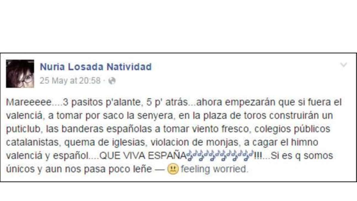 Captura del mensaje de Facebook de Nuria Losada Natividad.-