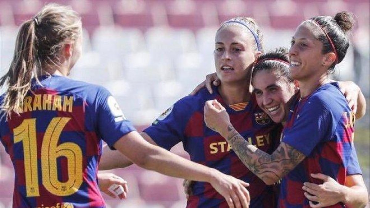 Las jugadoras del Barça celebran el 0-1 de Jenni Hermoso al Sevilla.-FCB