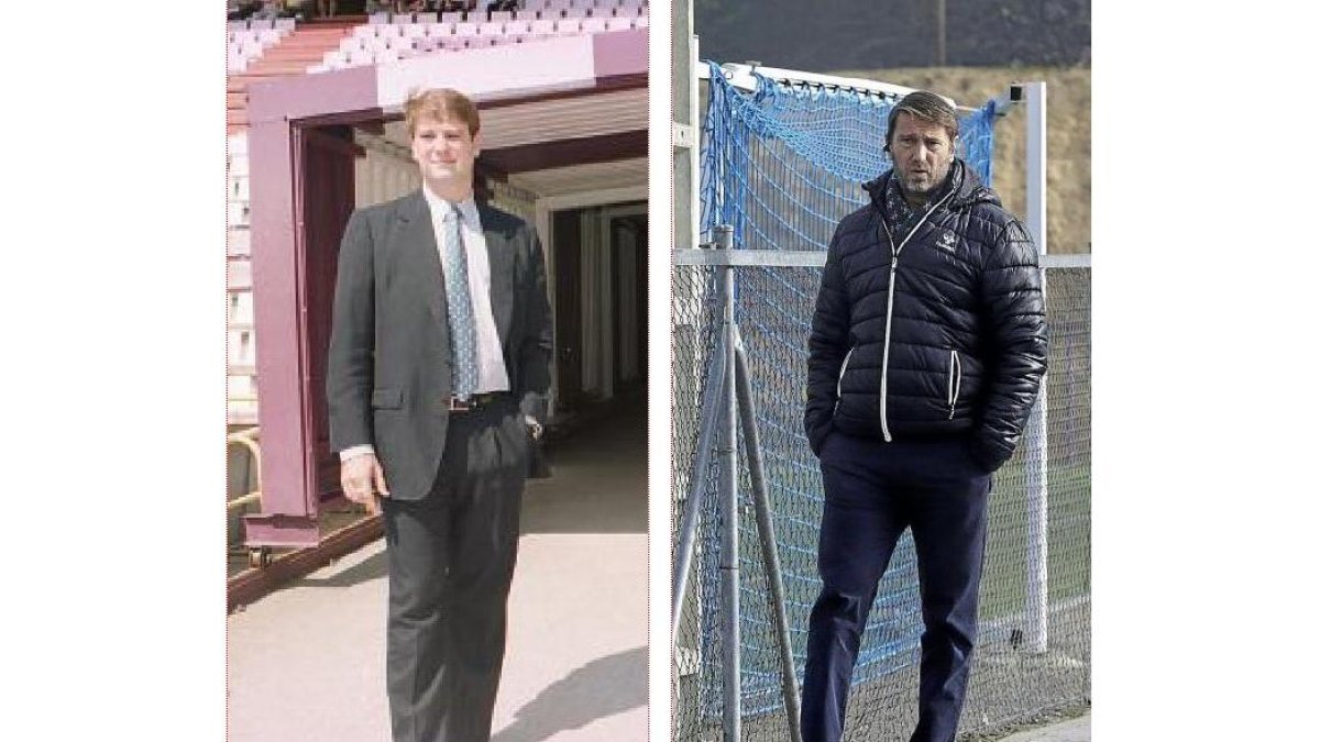 Quince años exactos separan ambas imágenes. A la izquierda, la primera vez que Carlos Suárez pisó el estadio José Zorrilla, para una sesión de fotos. A la derecha, durante el último entrenamiento, con gesto preocupado en los Campos Anexos.-MONTSE ÁLVAREZ / BALCAZA
