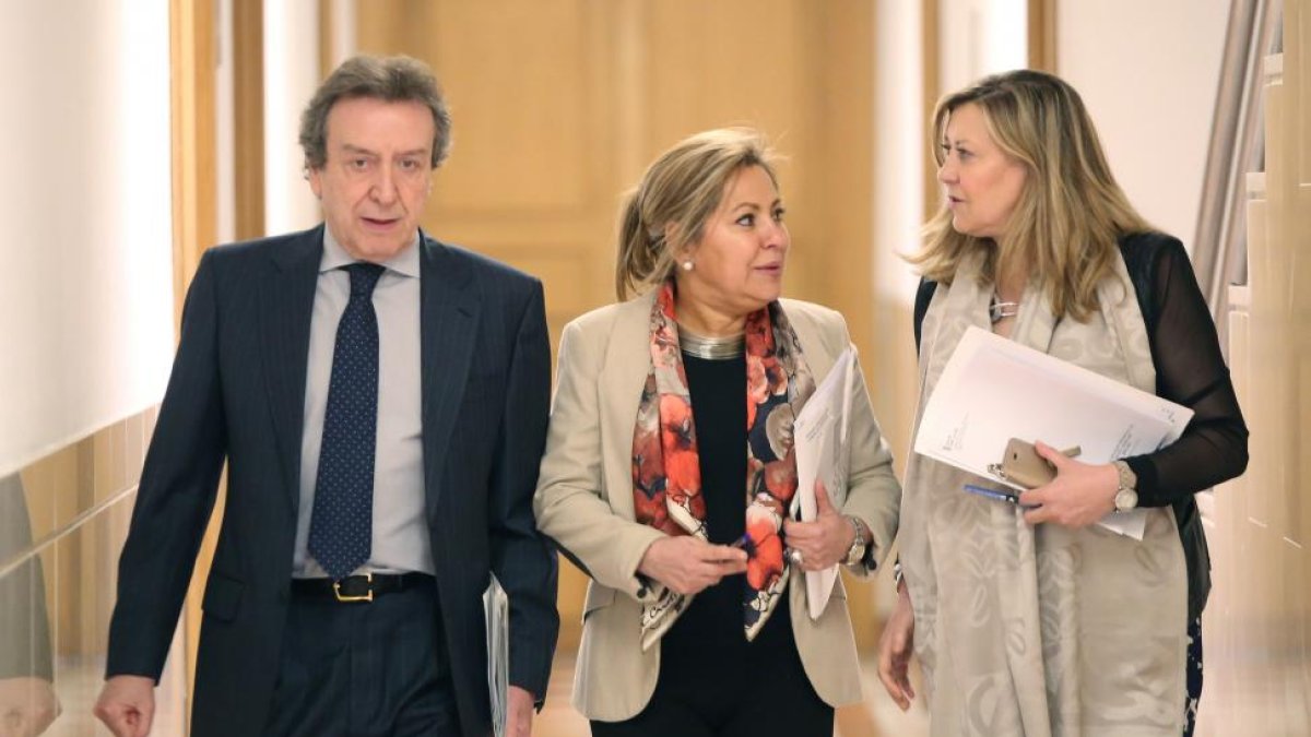 La vicepresidenta y portavoz de la Junta de Castilla y León, Rosa Valdeón; el consejero de la Presidencia, José Antonio de Santiago-Juárez, y la consejera de Hacienda, Pilar del Olmo, durante la rueda de prensa posterior al Consejo de Gobierno.-ICAL