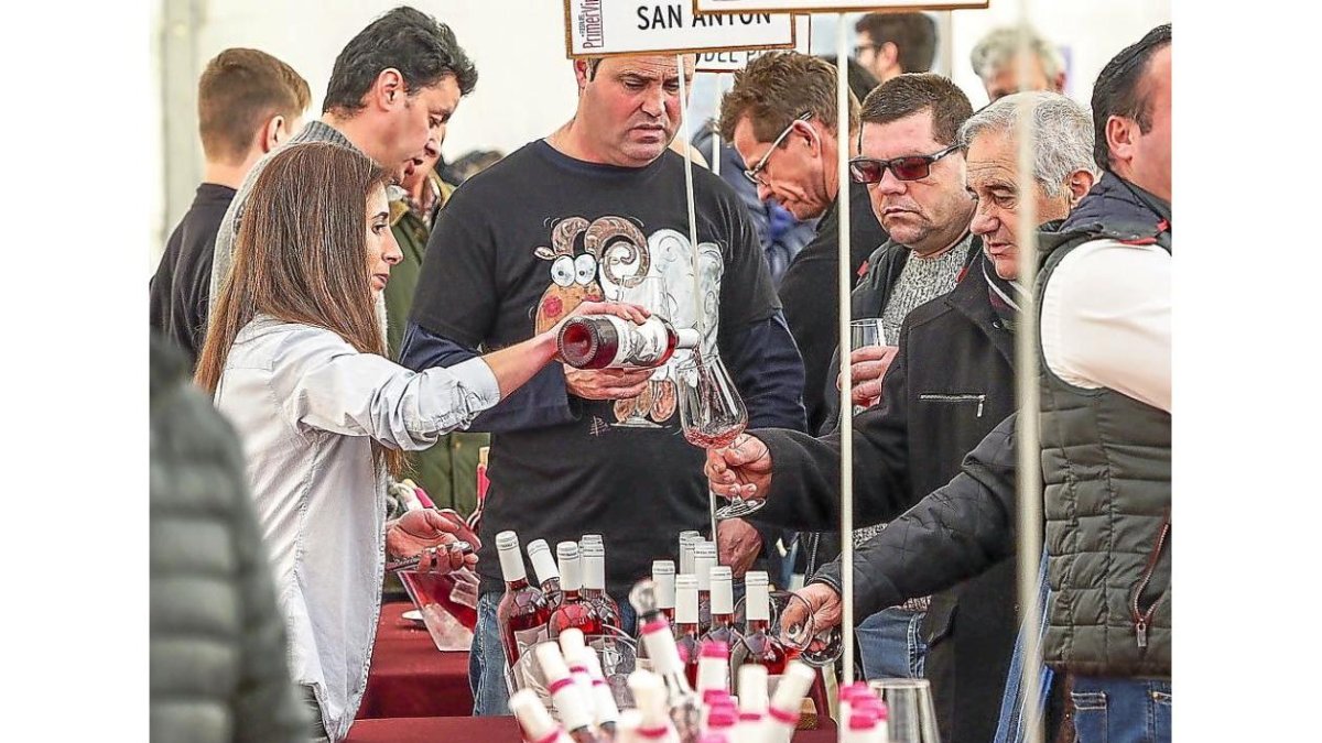 Asistentes a la Feria del Primer Vino de Mucientes brindan con vinos de la DO Cigales.-MIGUEL ÁNGEL SANTOS
