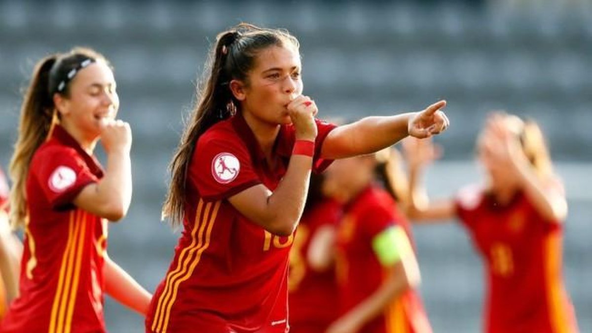 María Llompart celebrando el gol de la victoria ante Alemania-RFEF