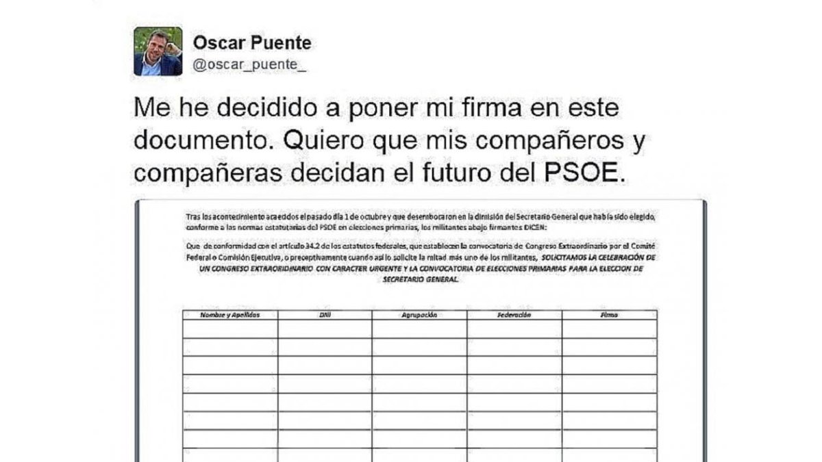 Tuit de Óscar Puente en el que anuncia su firma en la campaña.-EL MUNDO
