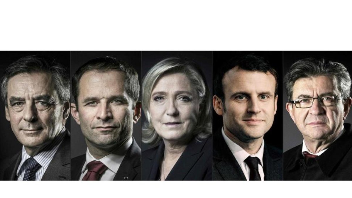 De izquierda a derecha, los candidatos al Elíseo: Fillon, Hamon, Le Pen, Macron y Mélenchon.-JOEL SAGET
